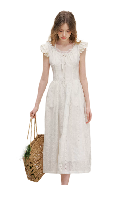 Embroidered Flutter Sleeve Dress