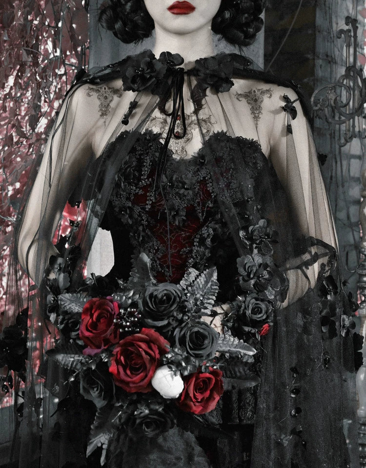 Áo choàng lưới Gothic có mũ đính hạt