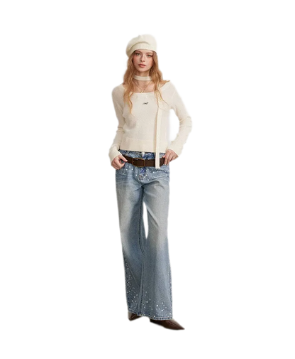 Rhinestone Pearl Wide-Leg Jeans