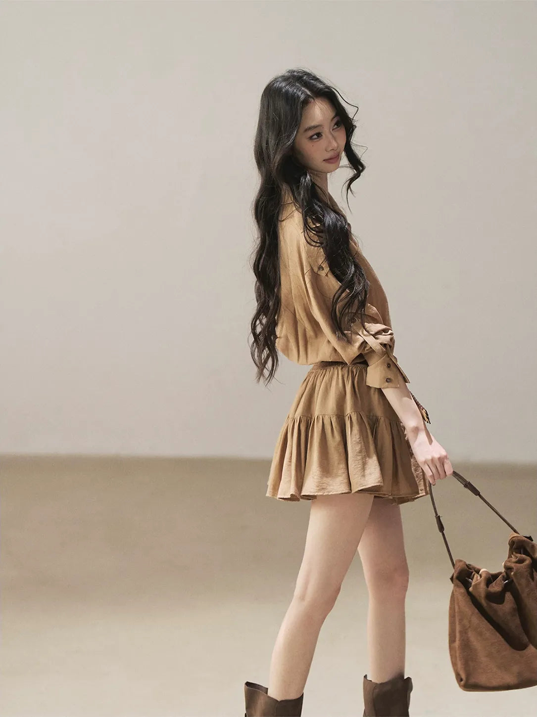 High-Waist Ruffle Shirt Dress