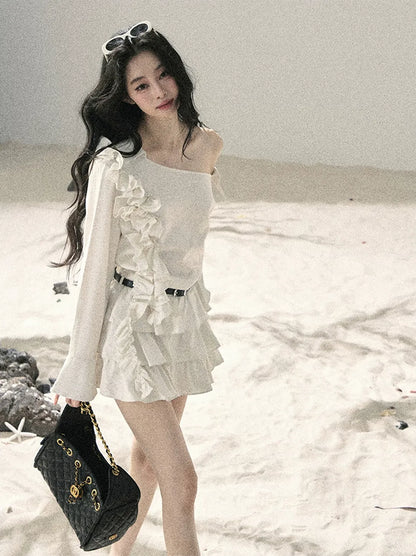Linen Ruffle One-Shoulder Dress