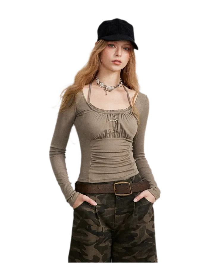 Ruching Lace Trim Long-Sleeve Top