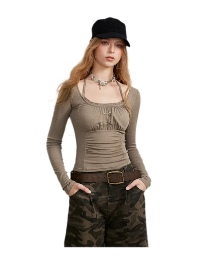 Ruching Lace Trim Long-Sleeve Top
