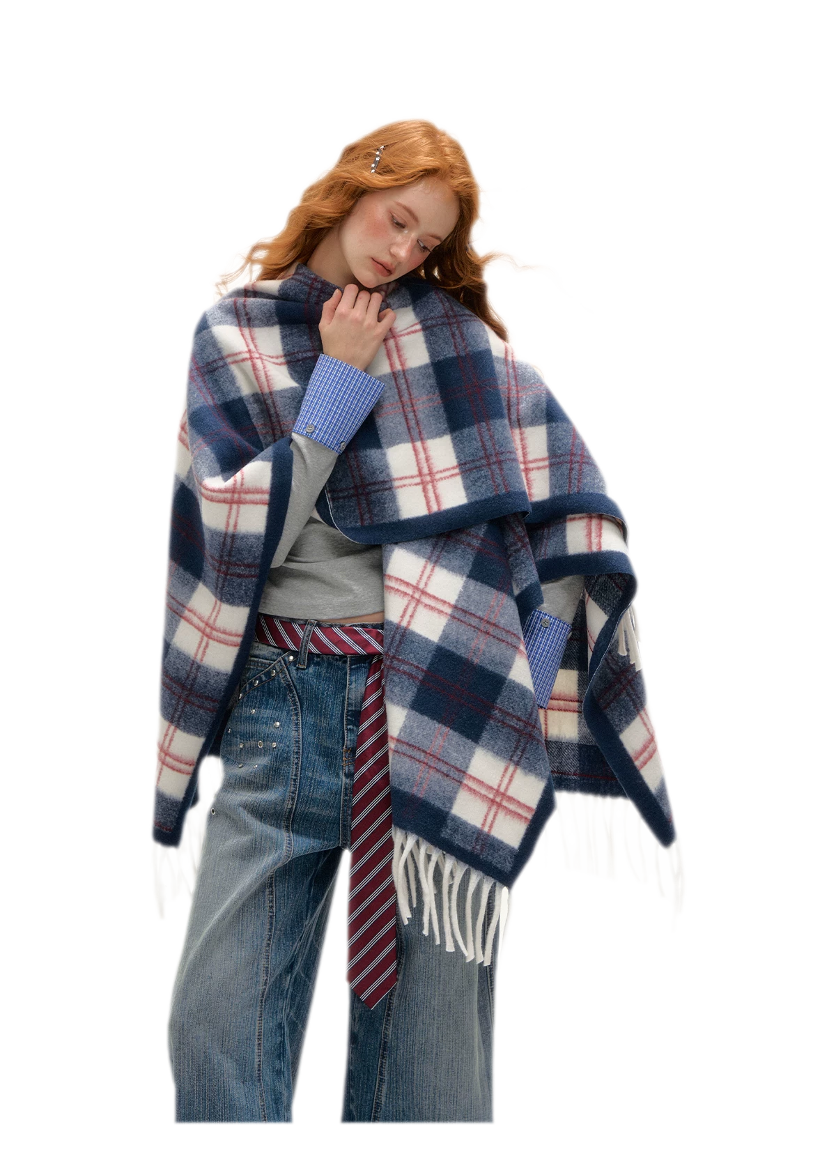 Vintage Plaid Fringed Shawl