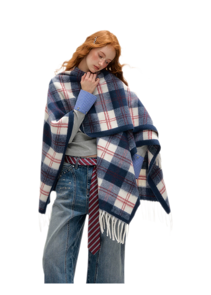 Vintage Plaid Fringed Shawl