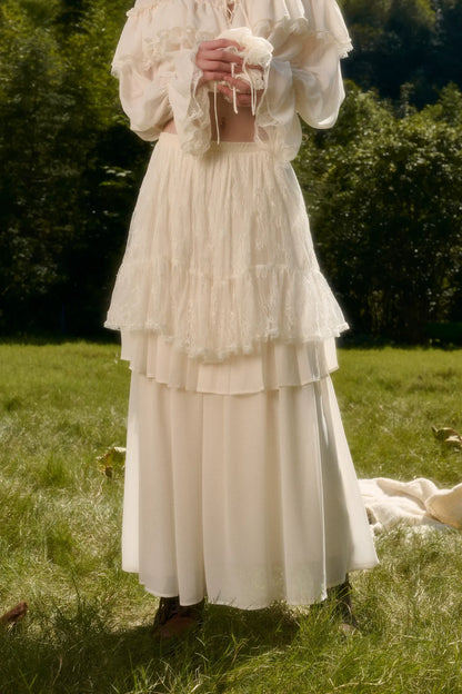 Ensemble jupe en mousseline de soie à volants en dentelle