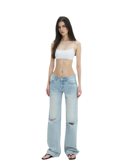 Washed Distressed Straight-Leg Jeans