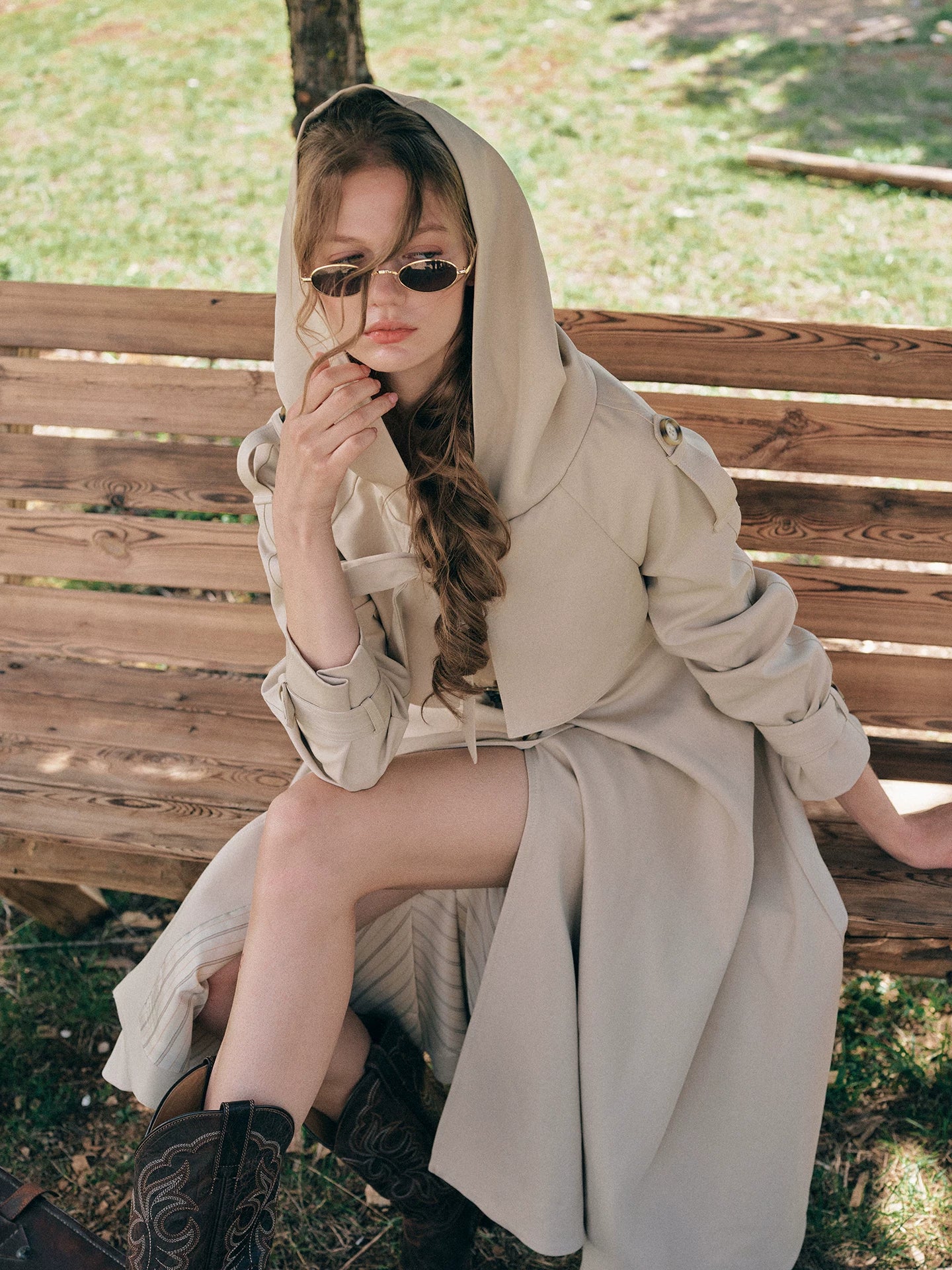 Waist-Defined Hooded Trench Coat