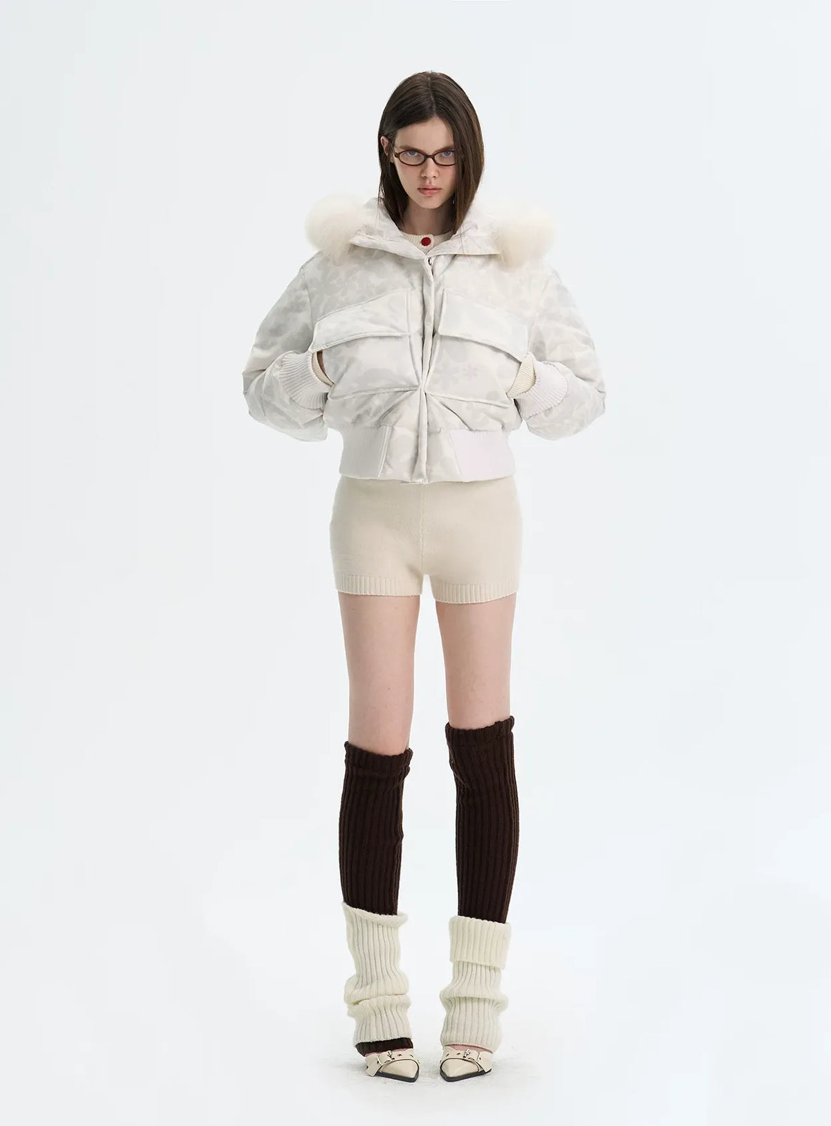 Printed Cropped Hooded Down Jacket
