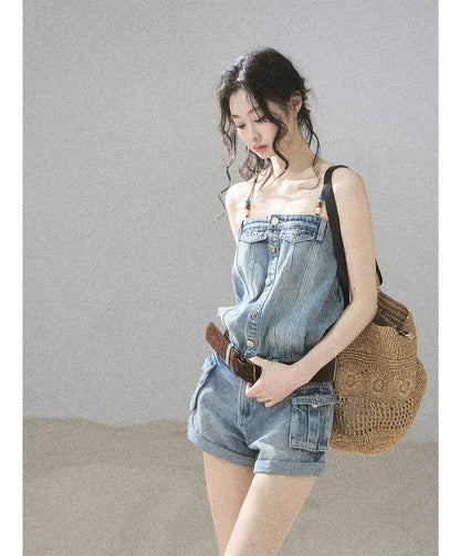 Washed Denim Jumpsuit Shorts