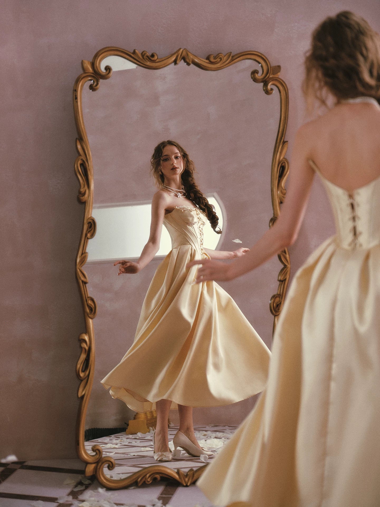 LACEMADE Belle Gold French Satin Lace Corset Dress Cream Yellow (Pre-sale) / XS