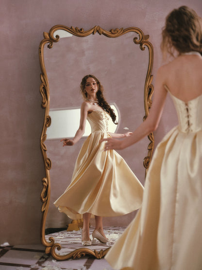 Belle Gold French Satin Lace Corset Dress