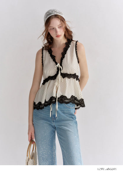 V-Neck Lace Polka Dot Waist-Defined Sleeveless Top