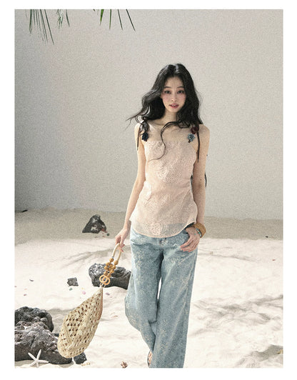 American Style Rhinestone Floral Denim Pants