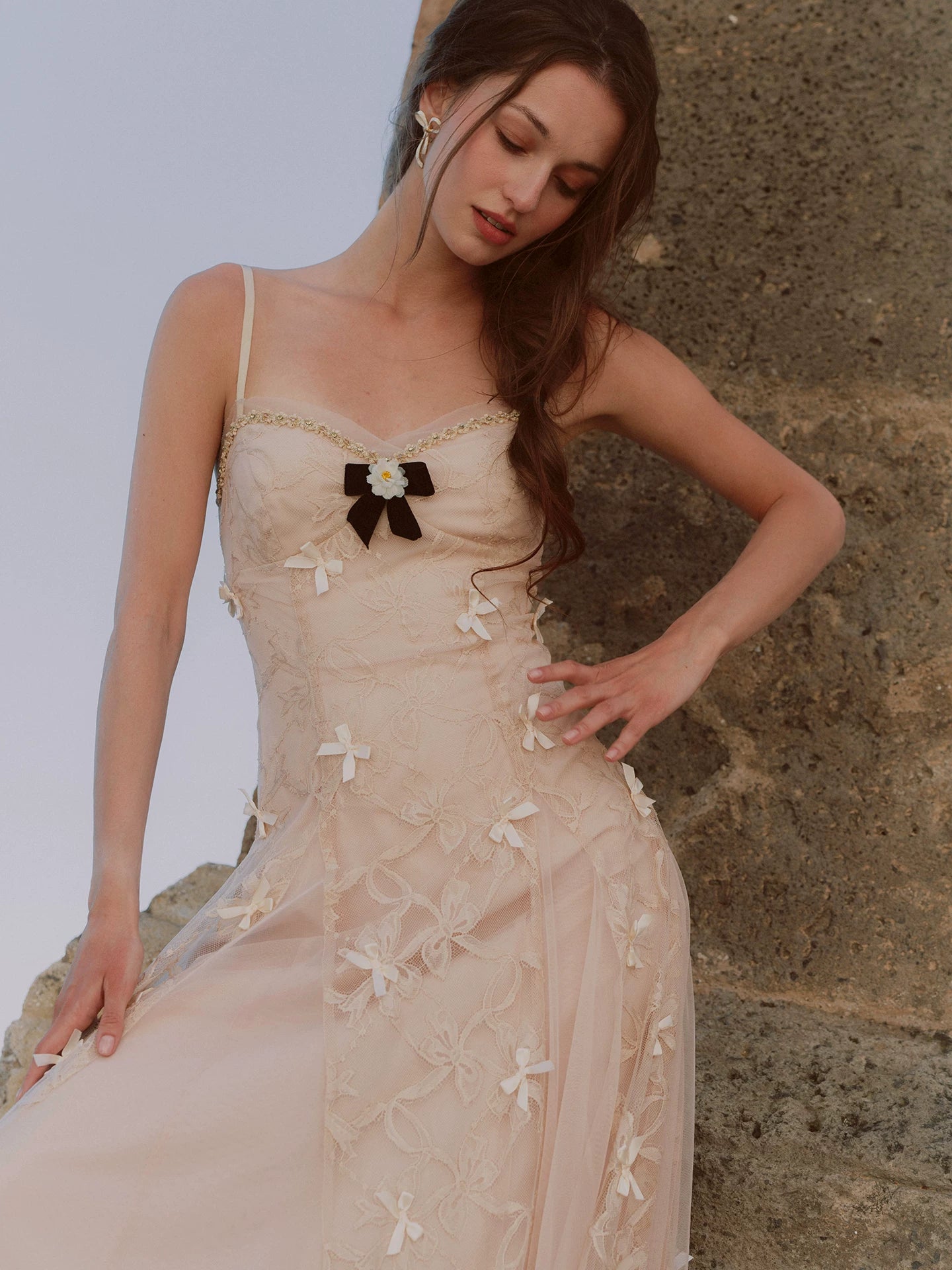 Embroidered Bow Mesh Dress