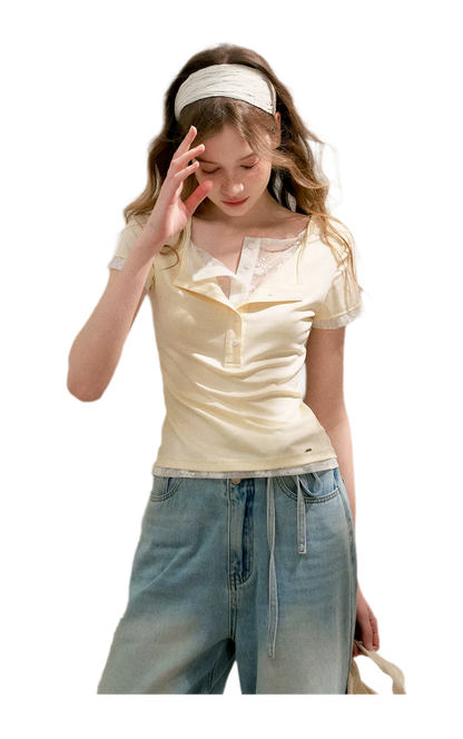 Double-Layer Collar Lace T-Shirt