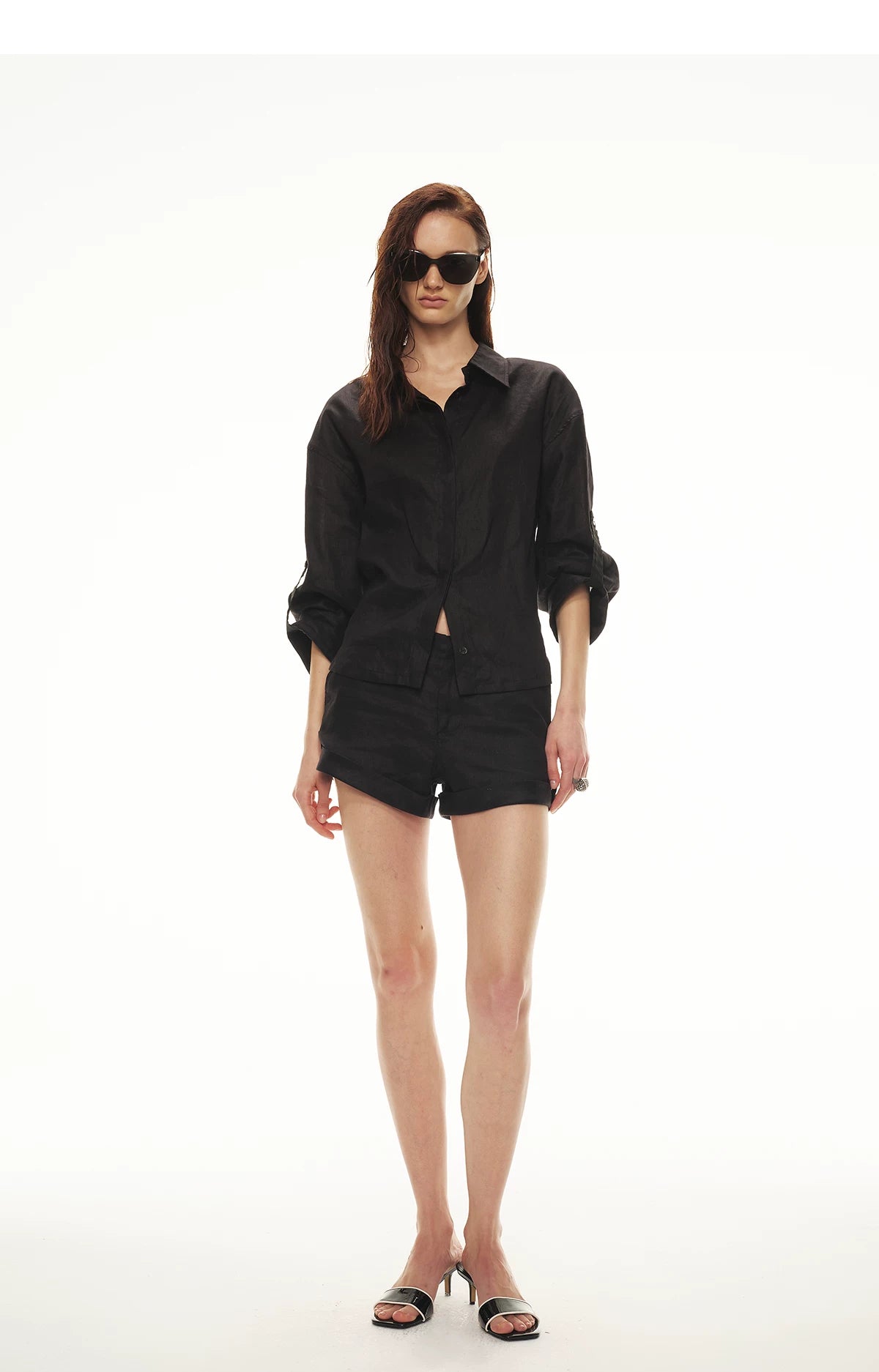 Linen Waist-Defined Shirt &amp; Low-Rise Rolled Shorts Set