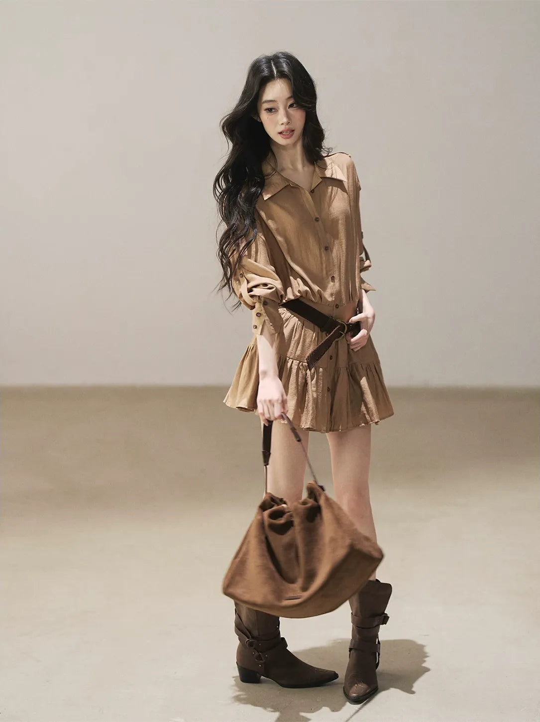 High-Waist Ruffle Shirt Dress