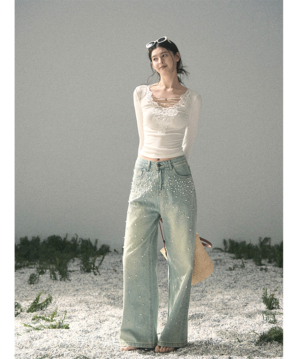 Washed Pearl Wide-Leg Jeans