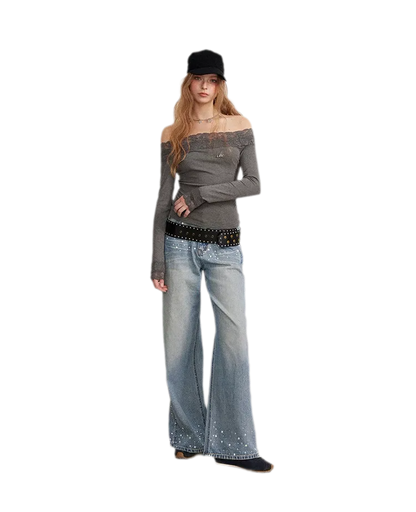 Lace Panel Off-Shoulder T-Shirt