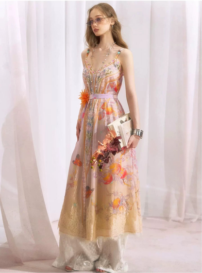 Peach Branch Print Metallic Chiffon Dress
