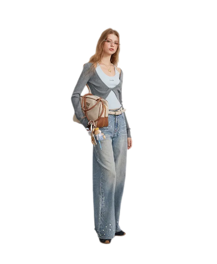 Rhinestone Pearl Wide-Leg Jeans