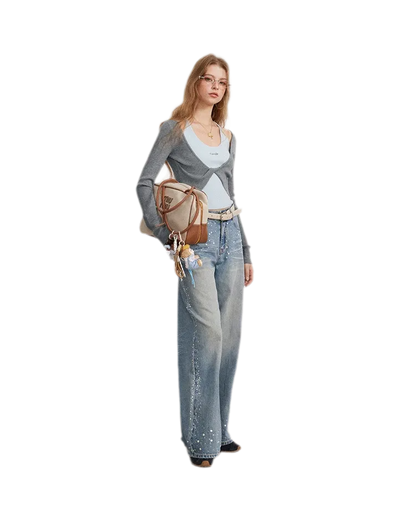 Rhinestone Pearl Wide-Leg Jeans