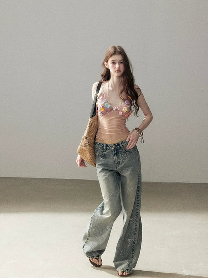 Rhinestone Wide-Leg Jeans