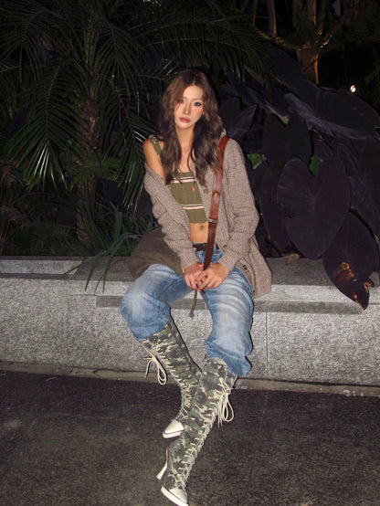 Studded Canvas Knee-High Boots
