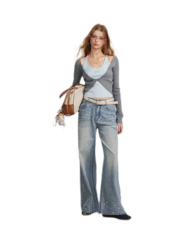 Rhinestone Pearl Wide-Leg Jeans