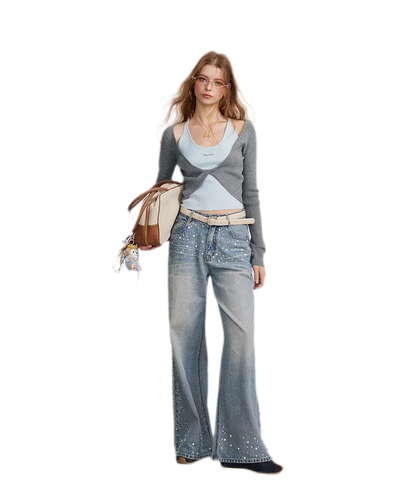 Rhinestone Pearl Wide-Leg Jeans