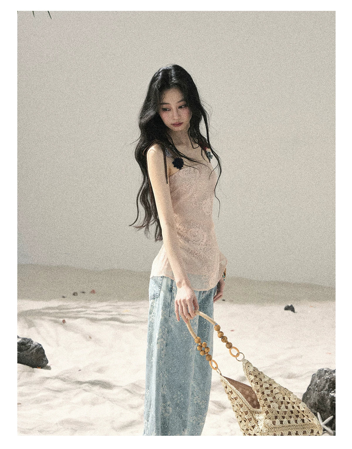 American Style Rhinestone Floral Denim Pants