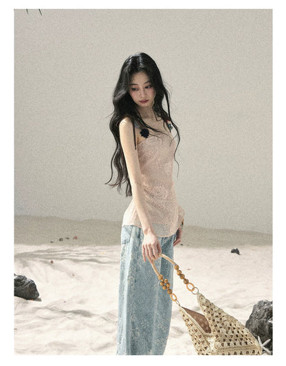 American Style Rhinestone Floral Denim Pants