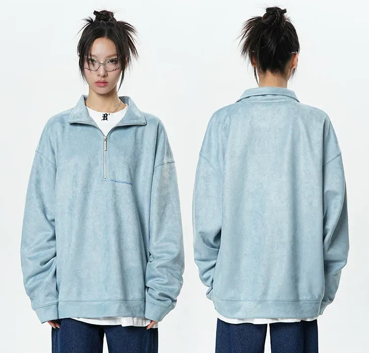 Faux Suede Oversize Polo Sweatshirt