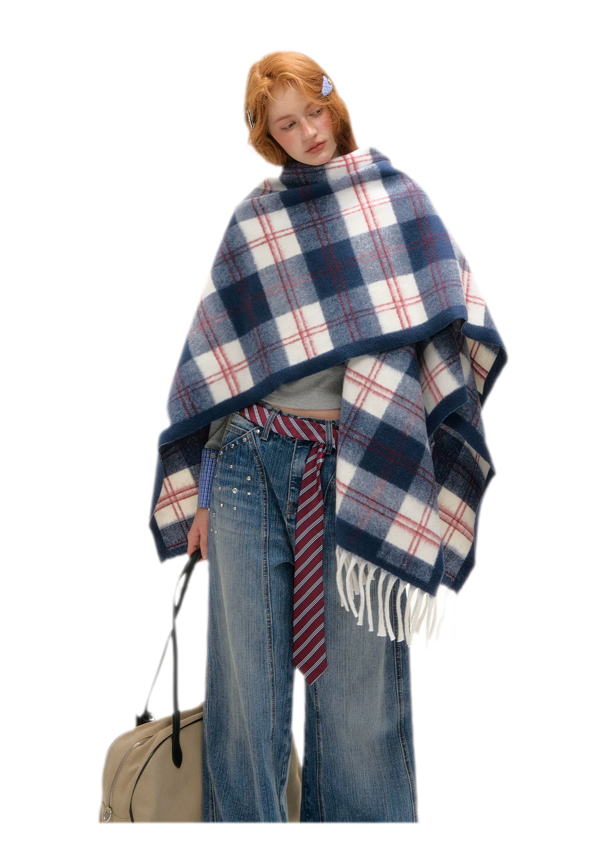 Vintage Plaid Fringed Shawl