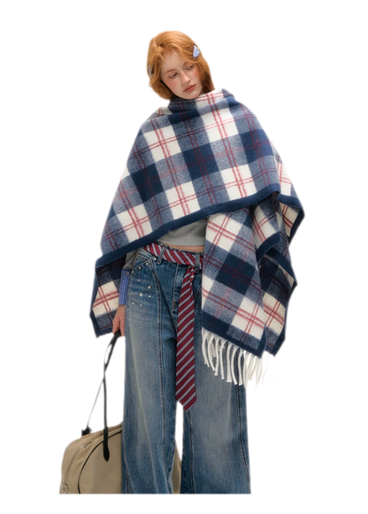 Vintage Plaid Fringed Shawl