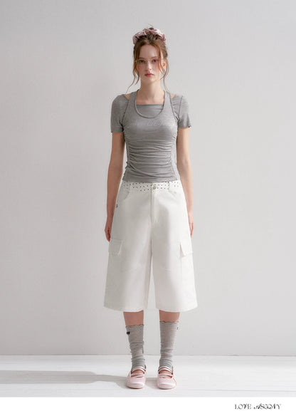 Lyocell Rhinestone Pleated Short Sleeve T-Shirt