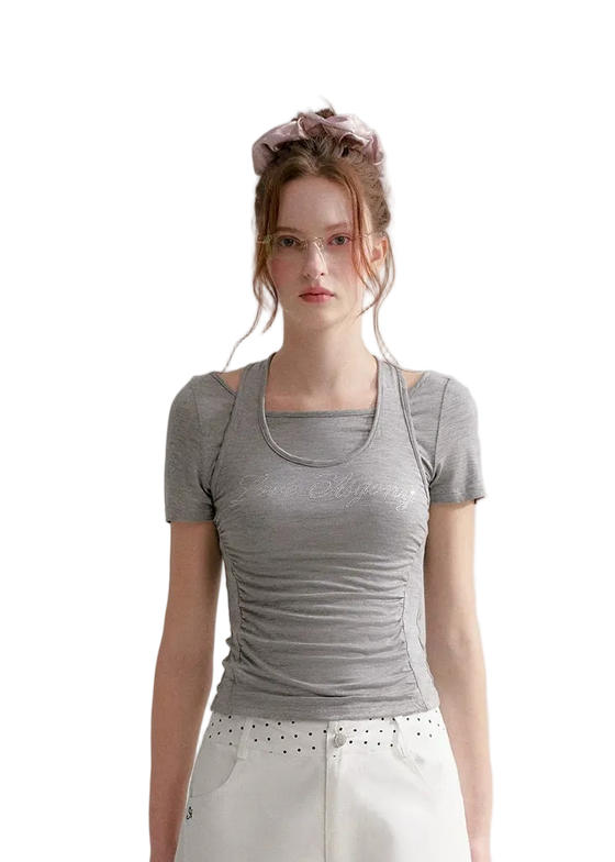 Lyocell Rhinestone Pleated Short Sleeve T-Shirt