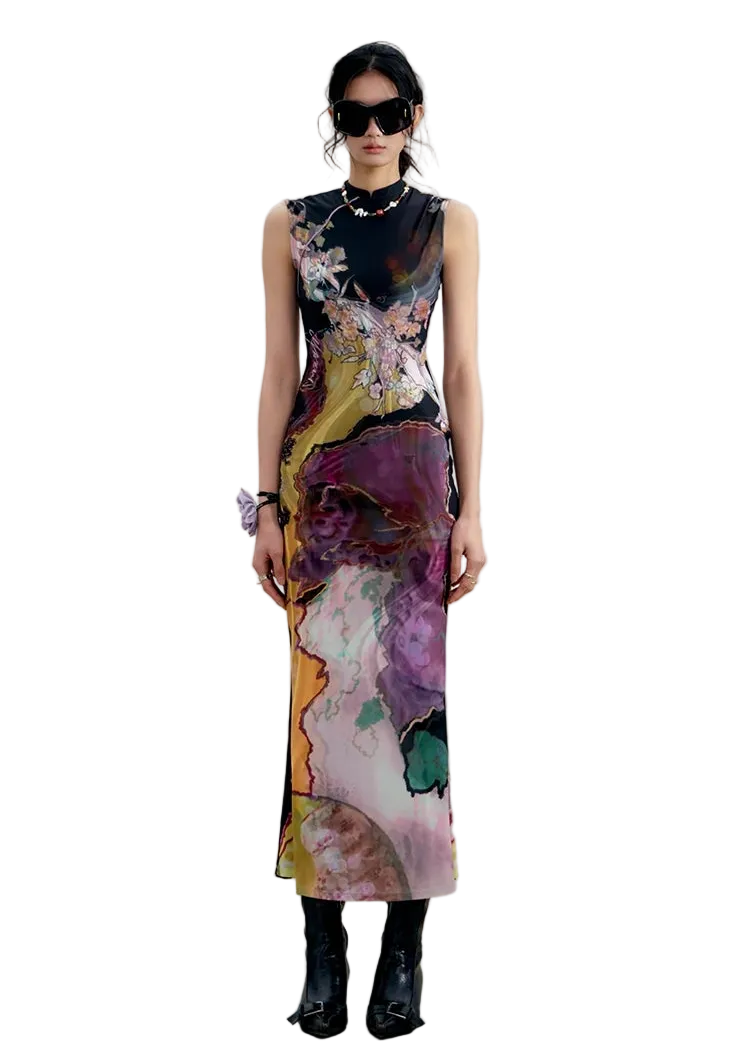 Tri-color Reversible Printed Qipao Dress