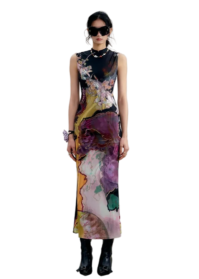 Tri-color Reversible Printed Qipao Dress