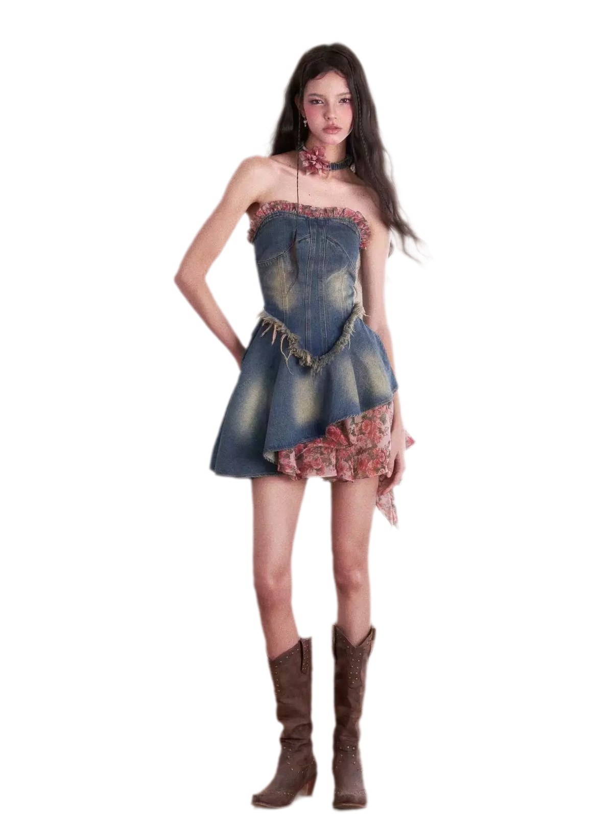 Washed Denim Rose Panel Dress