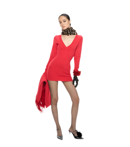 Deep V Fringe Knit Dress