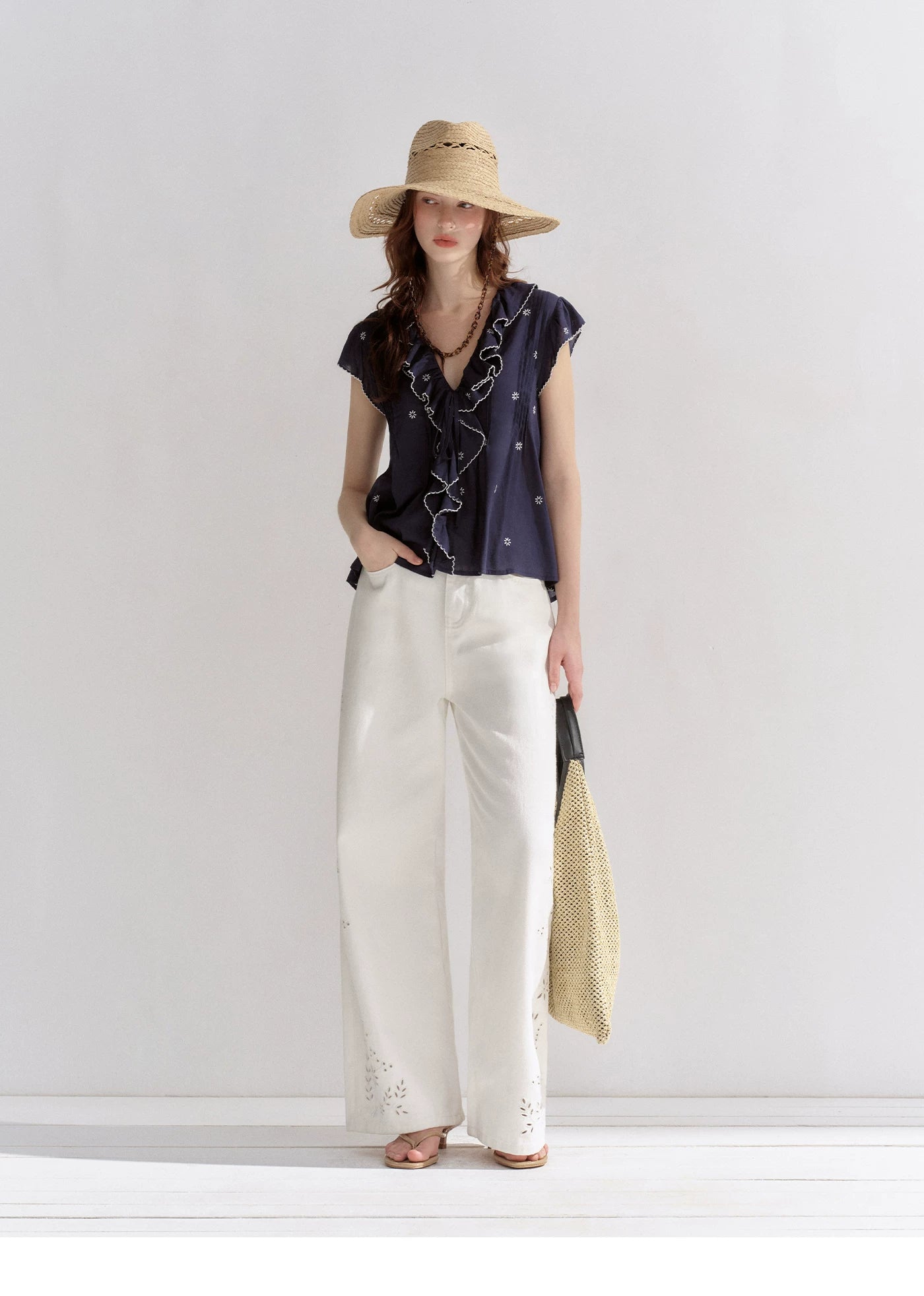 Cotton-Feel Embroidered Ruffle Sleeve Blouse