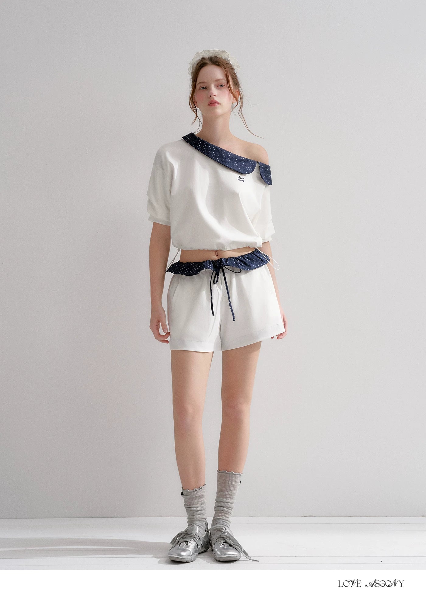 Vintage Polka Dot Asymmetric Short Sleeve Sweatshirt