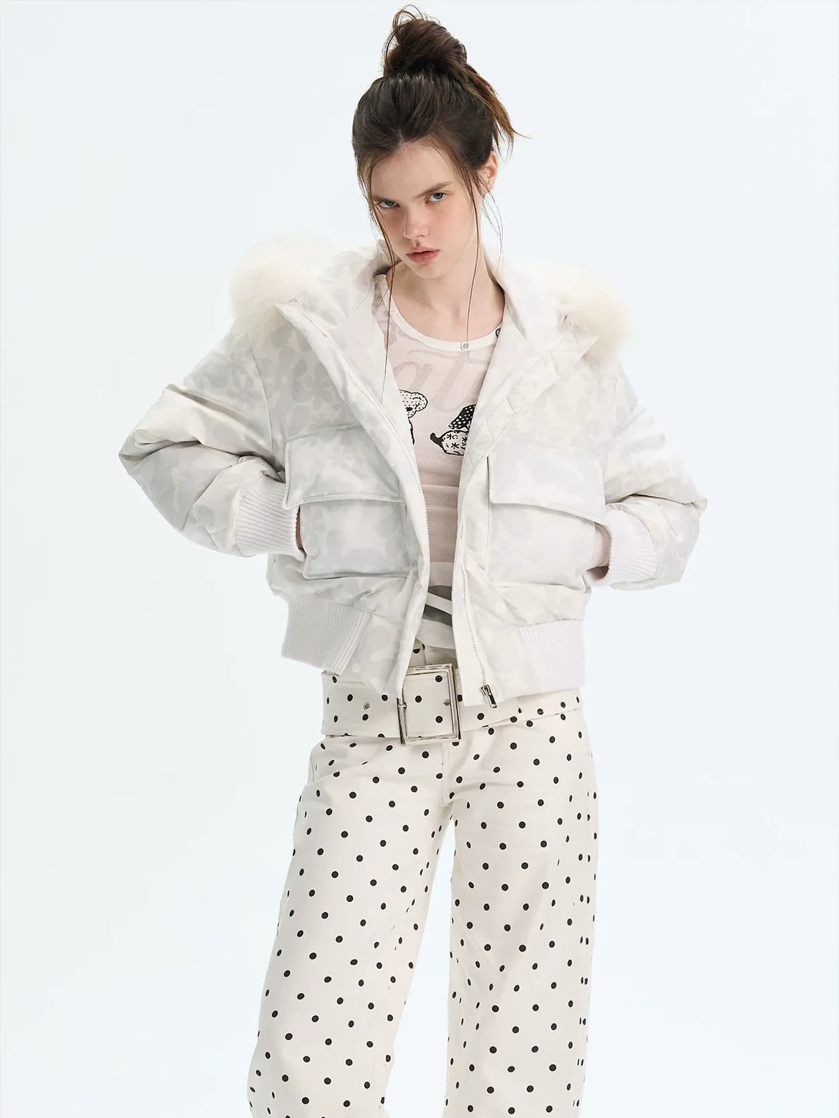Printed Cropped Hooded Down Jacket