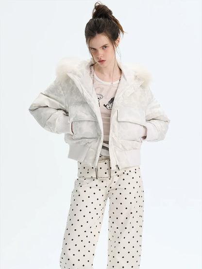 Printed Cropped Hooded Down Jacket