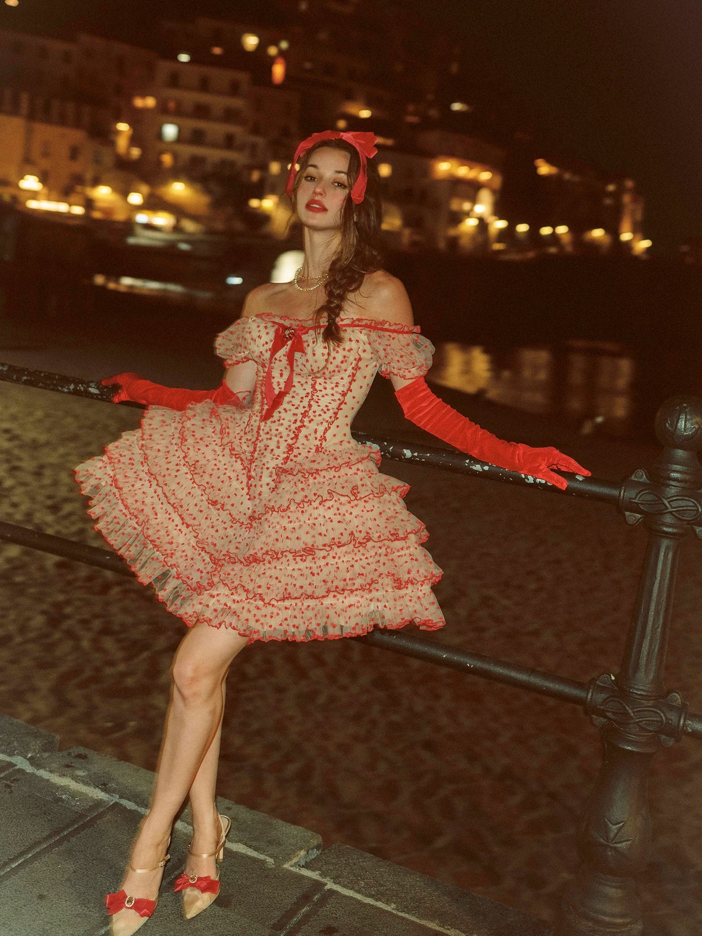 Flocked Bow Ruffle Dress