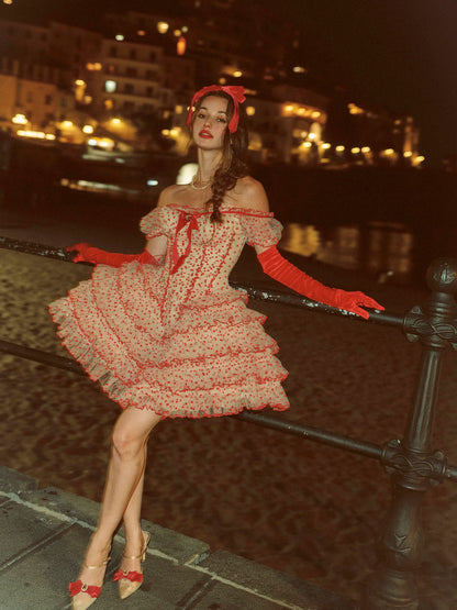 Flocked Bow Ruffle Dress