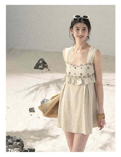 Sunlit Wheat Field Lace Strap Dress