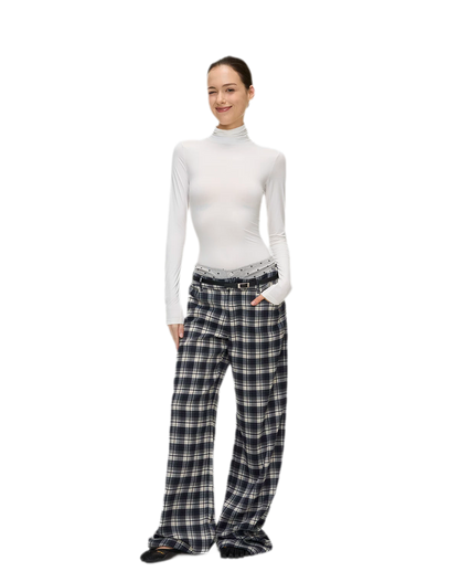 Brushed Plaid Wide-Leg Pants
